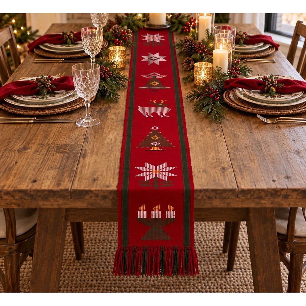 Vintage Christmas Table Runner Dresser Scarf Red Embroidered Fringe 8.25”x66”